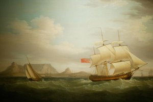 Skib foran Cape Town i Sydafrika. Maleri. National Museum of Culture, Pretoria, Sydafrika af Unbekannter Künstler