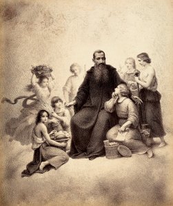 Den tronende Sankt Benedikt er omgivet af unge med hvedebundter og frugtkurve. Illustration af Canto XXXII i Paradiso i Den guddommelige komedie af Dante Alighieri. Et værk af Francesco Scaramuzza dedikeret til Firenzes kommune. af Unbekannter Künstler