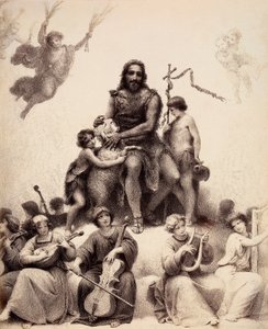 Johannes Døberen sidder omgivet af musikalske engle og kærtegner et lam på dets hoved. Illustration af Canto XXXII i Paradiso i Den guddommelige komedie af Dante Alighieri. Værk af Francesco Scaramuzza dedikeret til Firenzes kommune. af Unbekannter Künstler