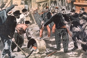 Kamp mellem bretonske grevister og ordensmagten på en byggeplads, Paris, begyndelsen af det 20. århundrede (stik) af Unbekannter Künstler