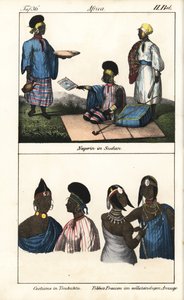 Sudanesiske kvinder i stribet kjole. Nedenfor demmes fra Timbuktu (Mali) og Tibbo-kvinder fra Sahara. Litografi til bogen: "Galerie complete en tableaux fideles des peuples d