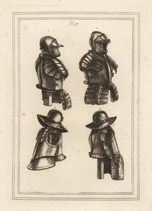 rustning med lansestøtte, åben hjelm 1, dragt af arquebus panser 3 og dragt af arquebus panser med lange lårtassets 4 af Unbekannt