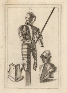 Dragt af vippepanser med grand guard og lansestøtte fra Tower of London 1, hjelm og grand guard 2, bryststykke af en kurass 3 af Unbekannt