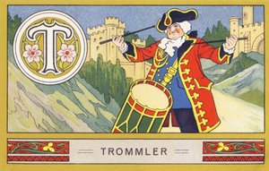 T : Trommeslager - Alphabet Palmin. Serie af kromolitografier redigeret af H. Schlinck & Cie, Hamburg, s. d. . Annonce for Palmins fineste kokosolie. Mål: 7 x 11 cm af William M. Timlin