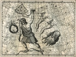 Boweren, den boreale krone, jagthundene, Berenices hår. Indgravering fra Camille Flammarions "The Stars and Other Curiosities of the Sky" af Unbekannt
