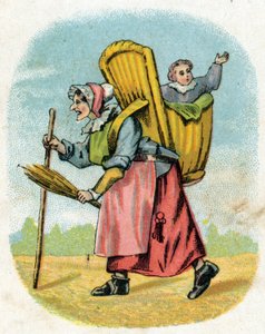 Kærestens mor. Gammel kvinde skoleholder med skoledreng bæretaske. Indgravering i "Alphabet des petits ecoliers". Billeddannelse af Epinal, ca. 1885. Privee Collection af Unbekannt