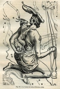 The Coach of the Atlas of Hevelius (1690): Konstellationen af Coachen, som i højre hånd har en pisk og renes og på venstre arm Chevre og to chevrals, er en af de ældste i den græske sfære. Indgravering fra Camille Flammarions “Les ét af Unbekannt