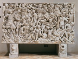 Ludovisi-sarkofagen med højreliefrepræsentation af romerne, der kæmper mod barbarerne, 250-80 e.Kr. (marmor) af Unbekannt