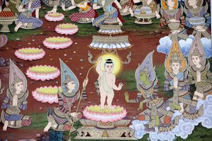 Fødslen af spædbarnet Siddhartha, murfresko, Wat Maniratanaram kloster, Phnom Penh, 2022 (foto) af Unbekannter Künstler