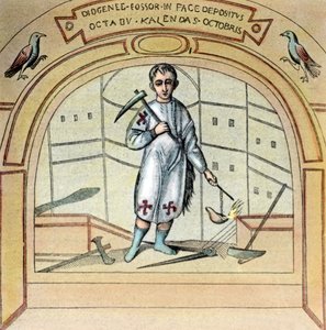 Fossoren eller graveren Diogenes som et vægmaleri ved St Marcellino-kirken i Via Labicana i Rom, Italien, 1920