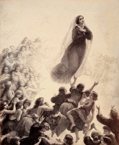 De velsignedes ånder, med udstrakte arme, ledsager Marias genkomst til Empyrean med sang. Illustration af Canto XXIII i Paradiso i Den guddommelige komedie af Dante Alighieri. Værk af Francesco Scaramuzza dedikeret til Firenzes kommune. af Unbekannter Künstler