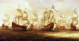 Trediveårskrigen (1618-1648): Admiral Witte de Withs (1599 -1658) aktion med Dunkerques både ud for Nieuwpoort (Holland) i 1641. af Unbekannter Künstler