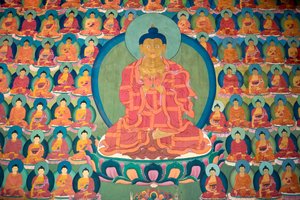 tibetansk buddhisme; vægmaling; meditere Buddha; mange små Buddhaer; Chemre Gompa Kloster; Chemrey; Ladakh-regionen; Jammu og Kashmir; Indien; Syd Asien; Asien af Unbekannt