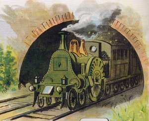 Tog, der forlader en tunnel. Indgravering i "ABC L