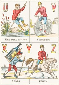 U V X Y Z; U: En, to og tre; V: Velocipede; X: sherry; Z: Zephir - Spilalfabet, ca. 1890 (gravering) af Unbekannt