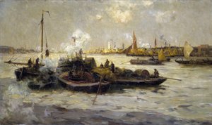 Udsigt over Limehouse, England, med en beskrivelse af industrialiseringen af Themsen i slutningen af den victorianske æra (slutningen af det 19. århundrede) og af slæbebåde, kuttere og pramme, i baggrunden det hvide Saint George-tårn. af Unbekannter Künstler