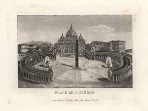 Udsigt over Peterspladsen, Piazza di S. Pietro, med Peterskirken og den gamle egyptiske obelisk af Unbekannt