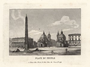Udsigt over Piazza del Popolo, Place du Peuple, med en egyptisk obelisk af Ramses II fra Heliopolis, Rom af Unbekannt