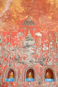 Væg med små Buddhaer og blyholdige glasfigurer, Shwe Yaunghwe Kyaung Kloster, Nyaungshwe, Inle Lake, Myanmar (foto) af Unbekannter Künstler