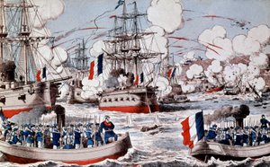 Krigen mellem Kina og Frankrig (1884-1885) : Ødelæggelse af den kinesiske flåde af admiral Courbet i Fou Tcheou, 23. august af Unbekannter Künstler