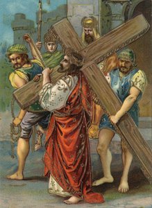 Korsvejen - via crucis - Korsets stationer: anden station, Jesus bærer sit kors Kromolitografi Privat samling