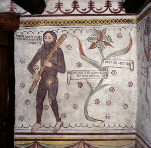 Vildmand fra Sacco (Homo Selvadego), fresco (1400-tallet), Vildmands hus (Uomo Selvatico), Sacco, Cosio Valtellina, Lombardiet, Italien af Benjamin Baud