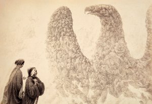 I Jupiters sfære ser Dante de velsignede ånder arrangere sig i form af en ørn, symbolet på imperiet. Illustration af Canto XVIII i Paradiso i Den guddommelige komedie af Dante Alighieri. Værk af Francesco Scaramuzza dedikeret til Mun af Unbekannter Künstler