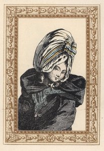 Kvinde i natkappe og stor Voluptuese-hat. Natkahyt, har den Voluptuøse. Håndkoloreret litografi af de Laubadere fra Octave Uzanes Stylish Hairstyle or Eccentric Finery from the era of King Louis XVI, Hairstyles de Style, La Parure Eccentric, Rouv af Unbekannter Künstler
