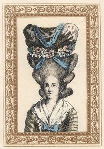 Kvinde med Gabrielle Vergy-hat, bundet med bånd og blomsterguirlander. Hat a la Gabrielle Vergy, inspireret af Dormont De Belloyds tragedie fra 1777. Håndkoloreret litografi af de Laubadere fra Octave Uzanes Stylish Hairstyle or Eccentric Finery fr af Unbekannter Künstler