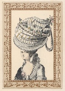 Kvinde iført en enorm hat kaldet Århundredets Lykke. Håndkoloreret litografi af de Laubadere fra Octave Uzanes Stylish Hairstyle or Eccentric Finery from the era of King Louis XVI, Hairstyles de Style, La Parure Eccentric, Rouveyre, Paris. af Unbekannter Künstler