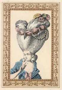 Kvinde med håret redt op over en puf (støtte) og dekoreret med blomster, perler og et skærf, kaldet Loppen. Puffen har en chia. Håndkoloreret litografi af de Laubadere fra Octave Uzanes Stylish Hairstyle or Eccentric Finery fra tiden omkring Kin af Unbekannter Künstler