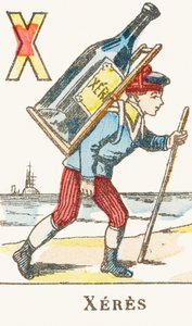 X: Xeres, en dreng holder en stor flaske vin på ryggen - Games Alphabet, ca. 1890 (gravering) af Unbekannt
