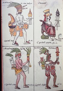 Xiuhtecuhtli, Omacatl, Macuilxochitl, Ixtlilton, Side fra Florentine Codex, Version på spansk og Nahuatl, Generel historie om tingene i det nye Spanien (Historia general de las cosas de Nueva Espana), Aztec af Benjamin Baud