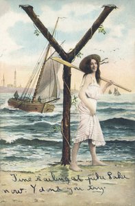Y: En barfodet kvinde i en kort ærmeløs kjole holder en åre over sin venstre skulder. Marineindretning - Alfabettegn Ref Th. E., L. Theochrom - Serie 994. Theodor Eisman, forlag, Leipzig af Unbekannt