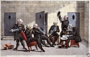 amatører, der spiller en courante, fransk tegneserie mod læger (der holder sprøjter og natpotter som musikinstrumenter) og afføringsmiddel i det 18. århundrede, stik af Elgelmann, ca. 1830 af Unbekannter Künstler