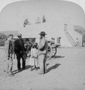 Interview af en boer bonde i hans hjem nær Brandfort, Sydafrika, Boer War, 1901. af Underwood and Underwood