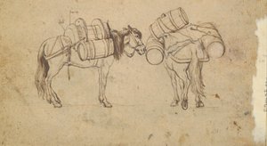 Udsigt over Tiberen nær Ripa Grande, Rom (recto); Undersøgelse for to heste, der bærer tønder (verso) af Unknown