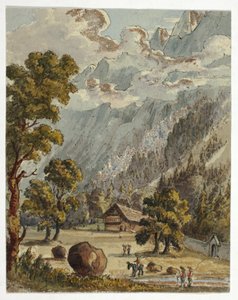 Chalet og have under Alperne (recto); Village  Glacier du Boissons, Chamix (verso) af Unknown