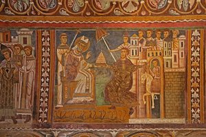 Kejser Konstantin præsenterede sit kejserlige diadem til pave Sylvester og gav ham herredømmet over Rom, vestmuren af Kapellet i San Silvestro, 1246 af Unknown
