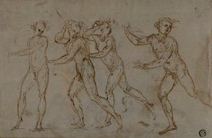 Fire løbende mandlige nøgenbilleder (recto); Hellig familie med spædbarnet Johannes Døberen (verso) af Unknown