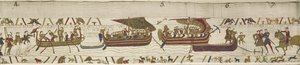 Harold krydser kanalen til Guy, greve af Ponthieu, hvor han bliver taget til fange, Bayeux Tapestry (uldbroderi på linned) af Unknown