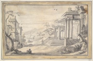 Italiensk landskab med imaginær villa af Unknown