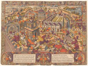 Jerusalem est pris & brulee, le Roy Sedecias a les yeux crevez. Et Jeremie est mene en Babilone. (Jerusalem er taget og brændt; kong Seleucis får sine øjne revet ud. Og Jeremias føres til Babylon. Jeremias 39-43), nr. 6, Historien om Jeremias af Unknown