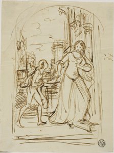 Litterær illustration: Middelalderlig dame med side (recto); Skitser af figurer (verso) af Unknown