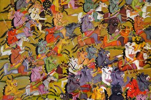 Marwar-maleri: Detalje fra Dæmonerne forbereder sig til kamp mod gudinden Durga, Mehrangarh Fort-paladsmuseet, Jodhpur, Rajasthan, Indien af Unknown