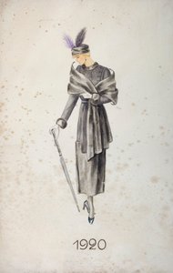 Model iført frakke og hat med fjer, med paraply, 1920 af Unknown