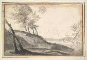 Bjerget landskab med træer og by i afstand af Unknown