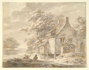 Flodlandskab med hus af Unknown