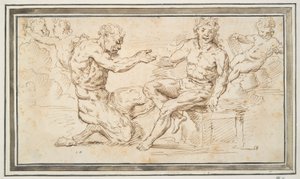 Satyr og ung mand siddende med Putti af Unknown