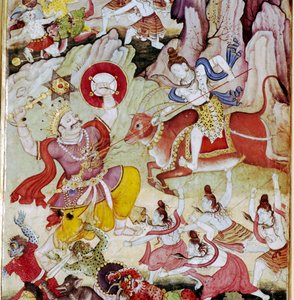 Shiv ødelægger dæmonen Andhaka, Harivamsa-manuskript, Mughal, S1590 af Unknown